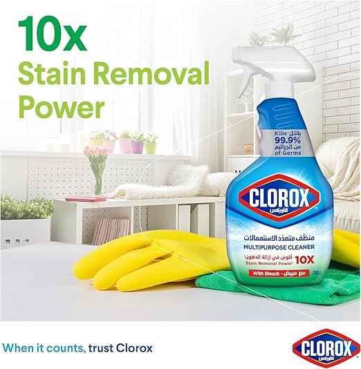 Clorox Multipurpose Spray Cleaner with Bleach, 750ml, Kills 99.9% Of Germs, Clorox Spray Cleaner with Bleach