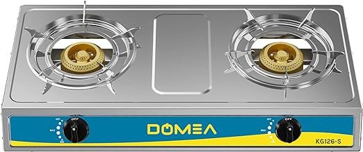DOMEA Gas Burner With Auto Ignition, 2 Burners Stove, Stainless Steel, Countertop Cooktop, Perfect For Home, Apartments, Camping, Large Events