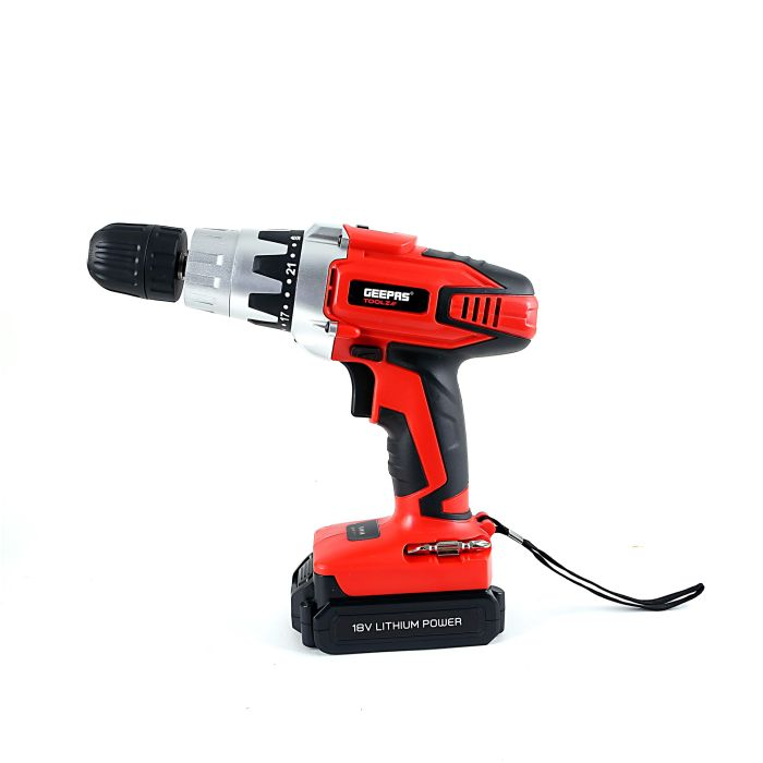 Geepas GCD7629 13 Pcs Cordless Drill 18V, 1.3Ah X 1 Lithium Ion Battery, Has Built-In Impact Function, No Load Speed, Less Power Consumption, LED Light, Battery LED (Lithium Ion)
