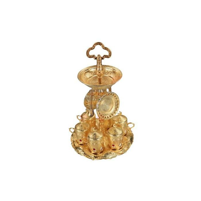 Royalford 25 Pieces Antique Tea Set - High-Quality Glass For Regular Use | Tea Cup With Lid, Tea Stand, Tea Spoons, Saucer | Ideal For Tea, Coffee, Latte, Cappuccino (Gold)