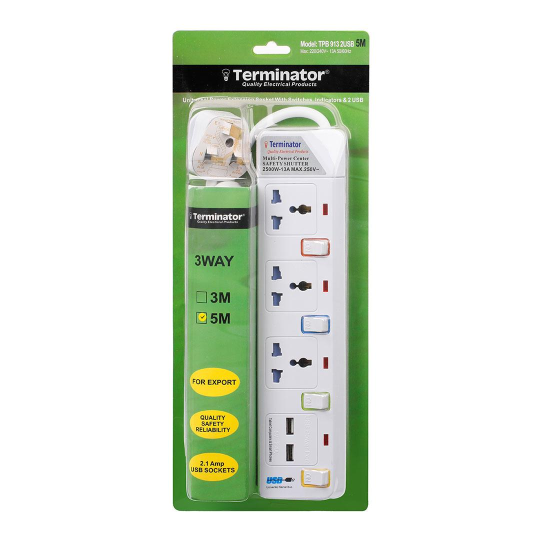 3 Way Power Extension Socket With 2 USB 2.1A 5M 13A Plug