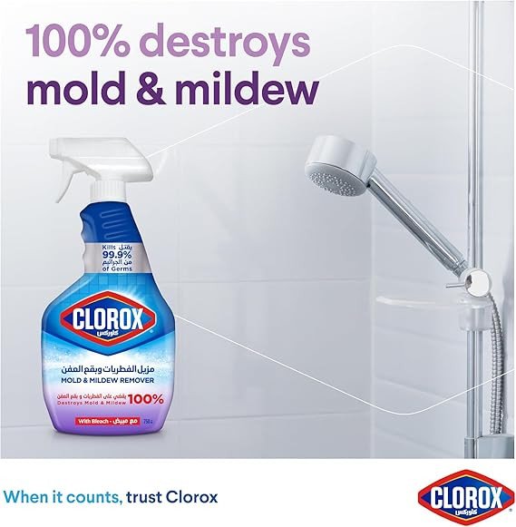 Clorox Mold & Mildew Remover spray with bleach, 750ml, Kills 99.9% Of Germs, 100% Destroys Mold and Mildew