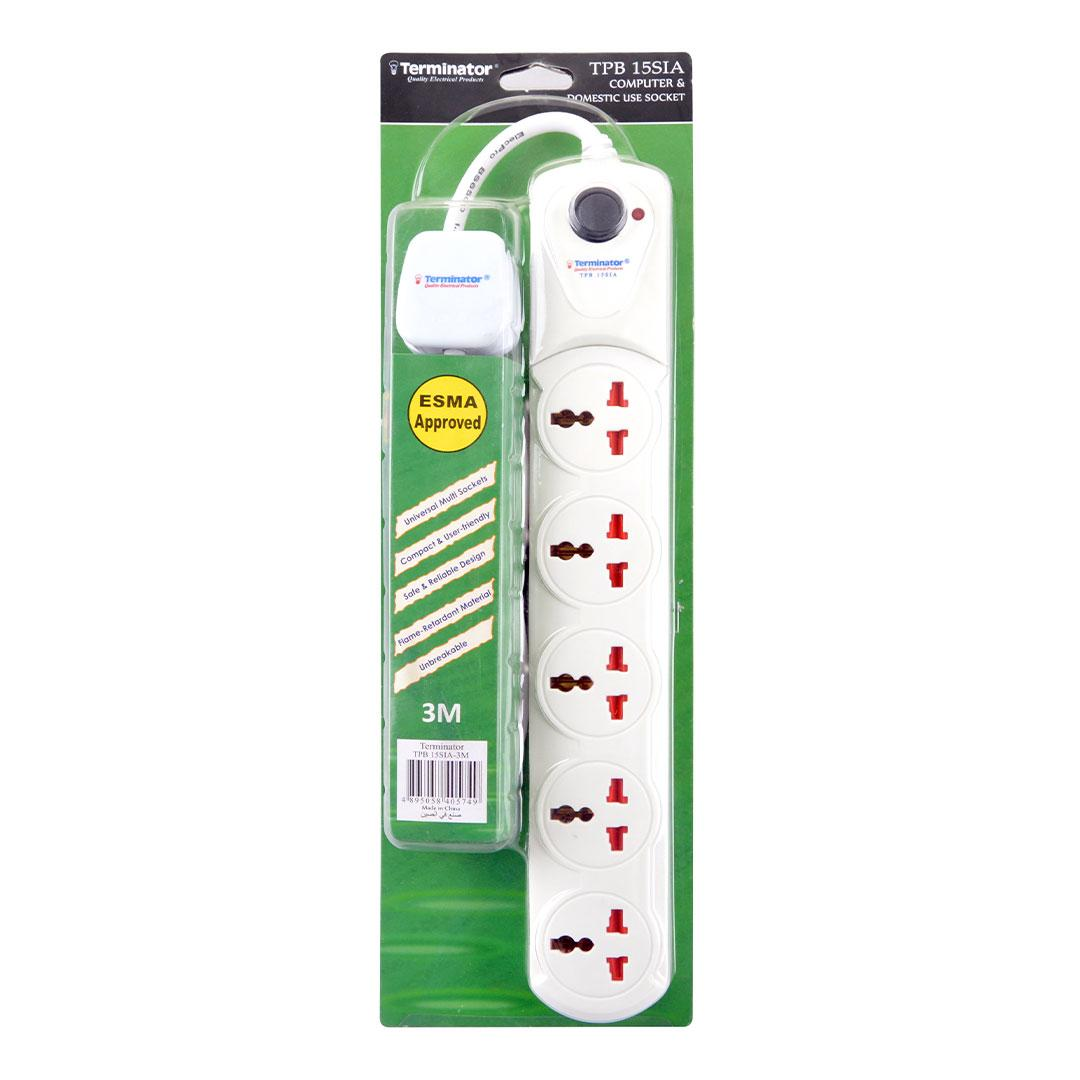 5 Way Universal Power Extension Socket 1.25mm2 Cable Single Switch On/Off Single LED 3M Cable 13A