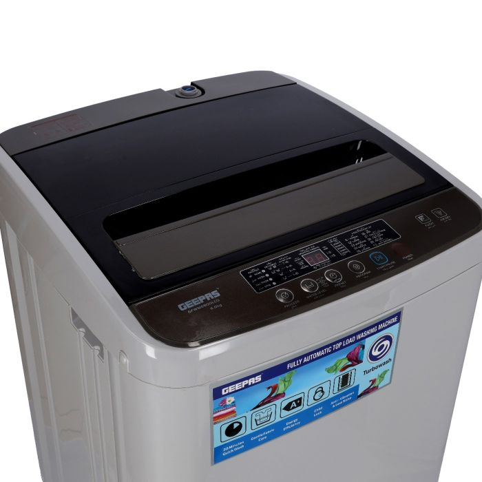 Geepas Fully Automatic Top Loaded Washing Machine 6kg – Auto-Imbalance, Just 30 Minutes Wash, Gentle Fabric Care, Turbo Wash, Anti Vibration & Noise, Child Lock, Led Display, Stainless Steel Drum