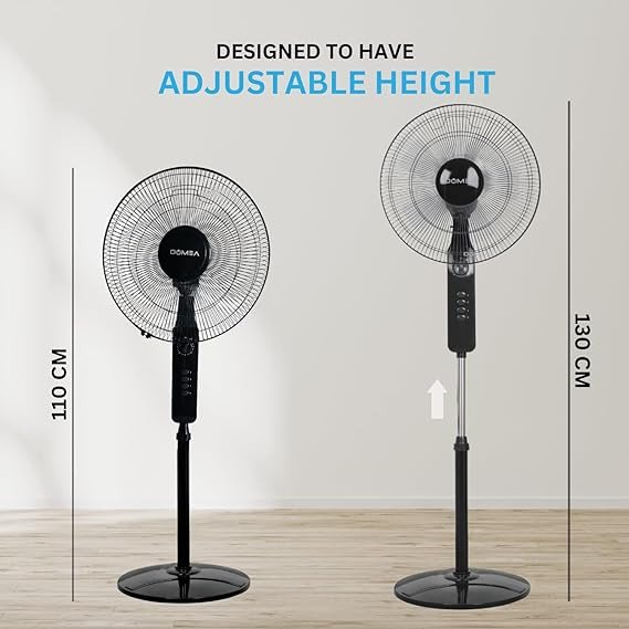 DOMEA Stand Fan 16 Inches, 5 Leaf ABS Blade, 3 Speed Control & Timer, Adjustable Height & Tilt, Ideal For Room, Office, Apartment Use, Silent Pedestal Powerful Oscillating Cooling Fan, 45 W