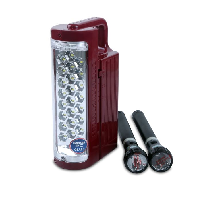 Geepas Rechargeable LED Lantern & 2Pcs Torch | Emergency Lantern With Light Dimmer Function | 24 Pcs Super Bright LEDs| Ideal For Outings, Trekking, Campaigning And More | 2 Years Warranty