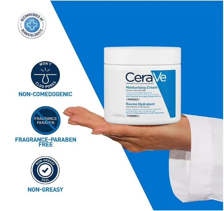 CeraVe Moisturizing Cream 48H Body and Face Moisturizer for Dry to Very Dry Skin with Hyaluronic Acid and Ceramides Fragrance Free -16Oz, 454 g
