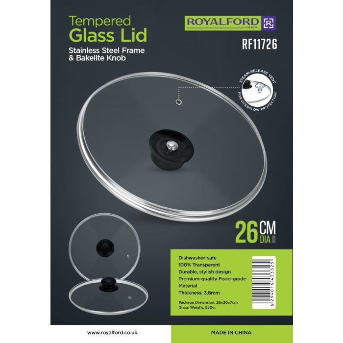 Royalford 26 CM Tempered Glass Lid With Bakelite Knob- RF11726| 3.8 MM Thickness, Transparent Lid With Stainless Steel Frame| Equipped With Steam Release Vent For Overflow Protection| Dishwasher Safe,