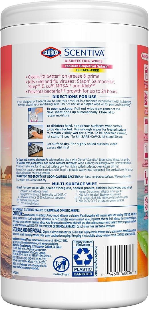 Clorox Scentiva Disinfecting Tahitian Grapefruit Splash, Multi-Surface Bleach Free Cleaning Wipes, 75 Wet Wipes
