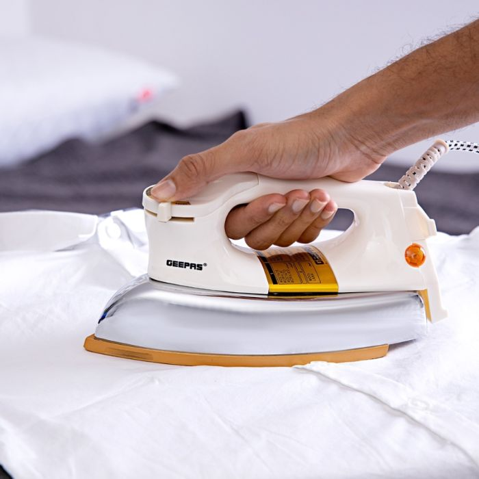 Geepas White 1200W Heavy Weight Dry Iron - Non Stick Sole Plate, Temperature Control, Indicator Lights, Overheat Protected | Ideal For Perfect Ironing For All Fabrics