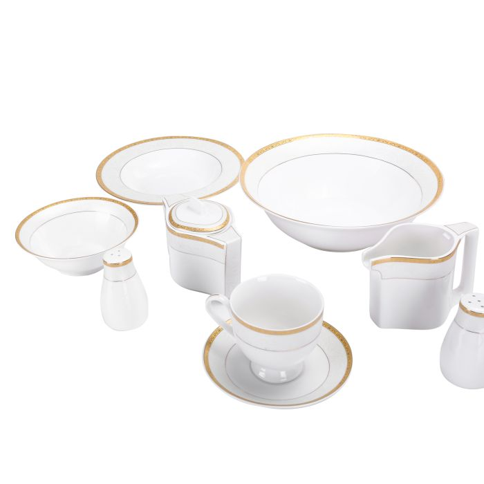 Royalford 47Pcs Ovation Fine Bone Round Dinner Set - Portable Design Plates, Bowl, Pot, Cups & Saucer | Comfortable Handling | Perfect For Everyday Use, & Get- Together, Restaurant, Banquet & More