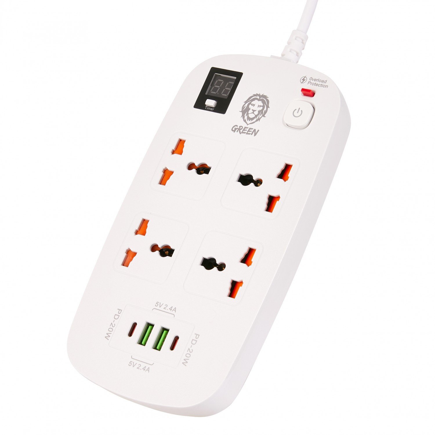 Green 4 AC 2 USB & 2 USB-C PD 40W Multiport Smart Power Socket 3500W 3M - White