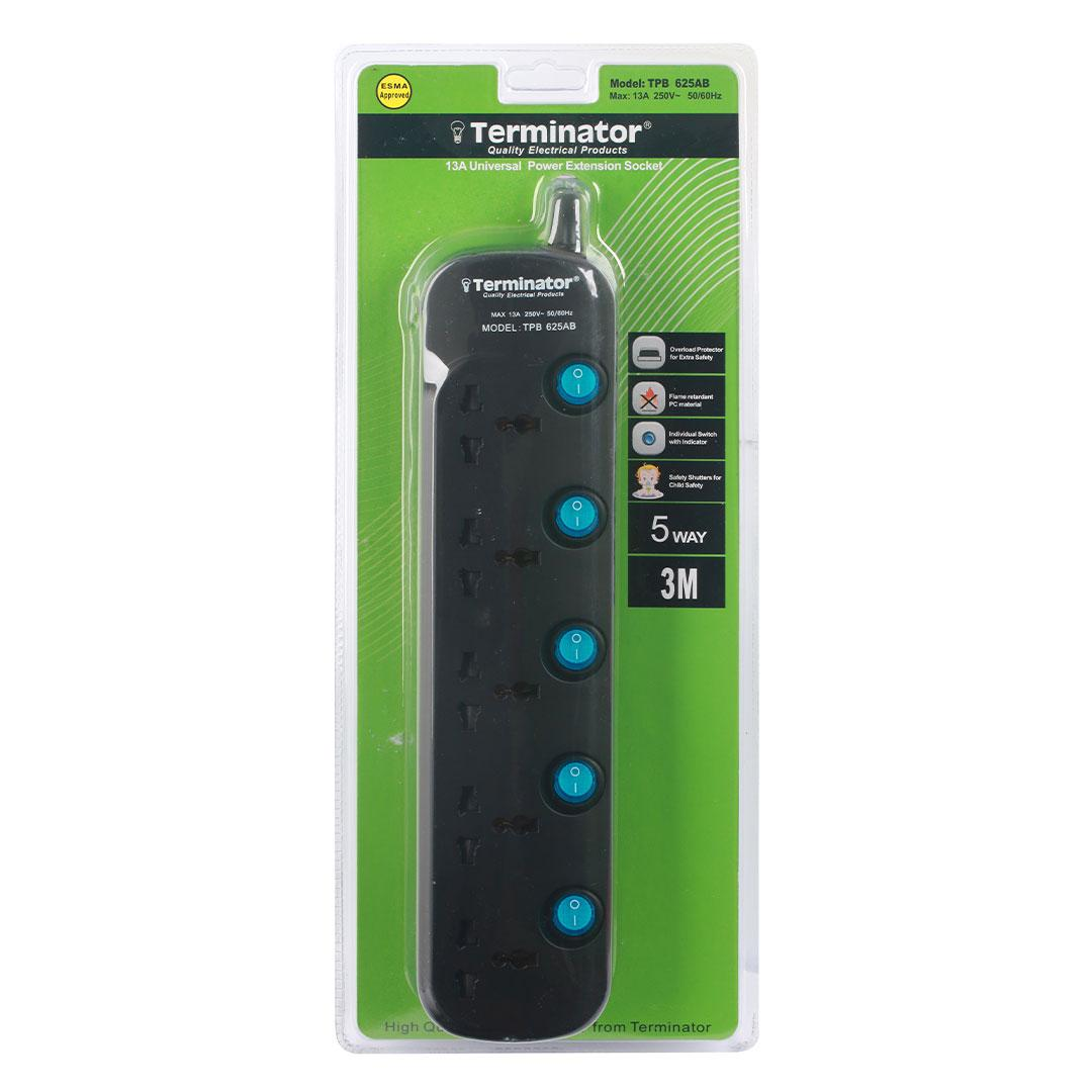 5 Way Universal Power Extension Socket 3X1.25MM2 Black Body & Blue Switch 3M Cable 13A Plug