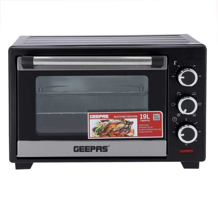 Geepas GO34044 19L Electric Kitchen Oven - Powerful 1280W With Crumb Tray, 60 Minutes Timer & Rotisserie & Convection Function | 6 Selectors For Baking & Grilling | 4 Accessories Included