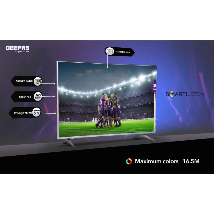 Geepas 32" HD Smart LED TV – Slim Led, 3.5mm, 1 HDMI & 2 Hi-High USB Ports | Wi-Fi, Android With Card Slot | YouTube, Netflix, Amazon Prime Compatibility | 1 Years Warranty