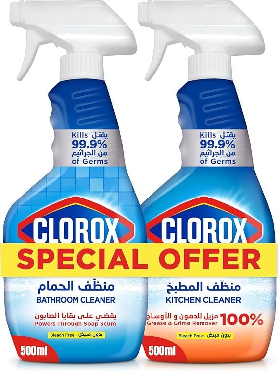 Clorox Spray Cleaners Dual Pack Special Offer, Bathroom Cleaner 500ml & Kitchen Cleaner 500ml, Bleach Free
