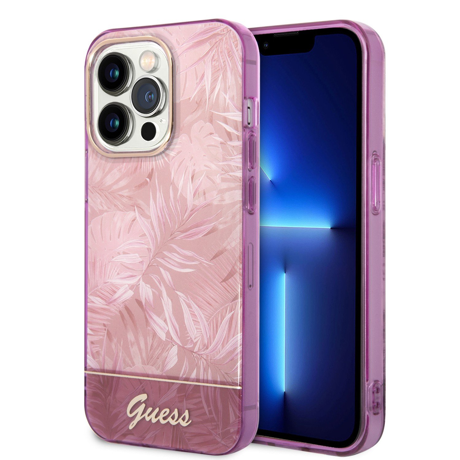 Guess PC/TPU IML Case With Double Layer Electroplated Camera Outline & Toile De Jouy For iPhone 14 Pro - Pink
