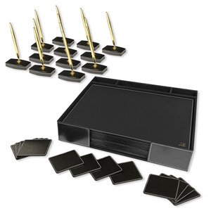 FIS Executive Conference Room Set of Bonded Leather Desk Blotter, Coaster and Pen Holder with Pen - Black - FSDSCONFRSETBK
