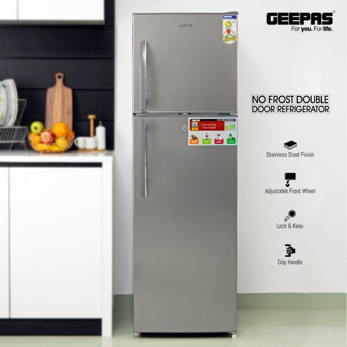 Geepas 320L Double Door Refrigerator - Free Standing Durable Double Door Refrigerator, Recessed Handle, Quick Cooling, Low Noise, Low Energy Consumption, No Frost Refrigerator