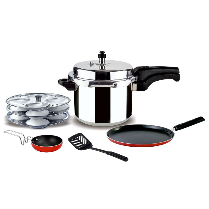 5-In-1 Pressure Cooker Combo Pack,5L Aluminium Cooker,RF10015 - Premium Quality Material, Combo Pack With Dosa Tawa, Idly Stand, Vagaria & Nylon Slotted Turner - Uniform Heating, Time &Energy Saving