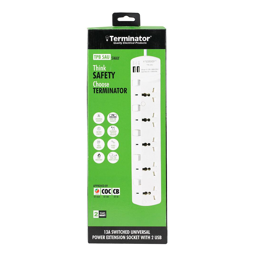 5 Way Universal Power Extension Socket 3M Cable With 2USB