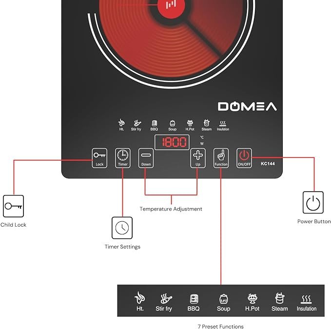 DOMEA Infrared Cooktop, 1 Burner With 7 Preset Fuctions | A-Grade Micro Crystal Panel With Easy Touch Digital Display, For Fast & Precise Cooking, All Cookwares, Child Safety Lock | 2000W Power