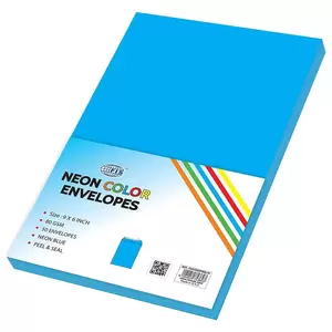 FIS Color Envelopes, Peel & Seal, Neon Blue Colors, Pack of 50 Pcs. 9 x 6 inch, 80 GSM - FSEC8032PBBL50