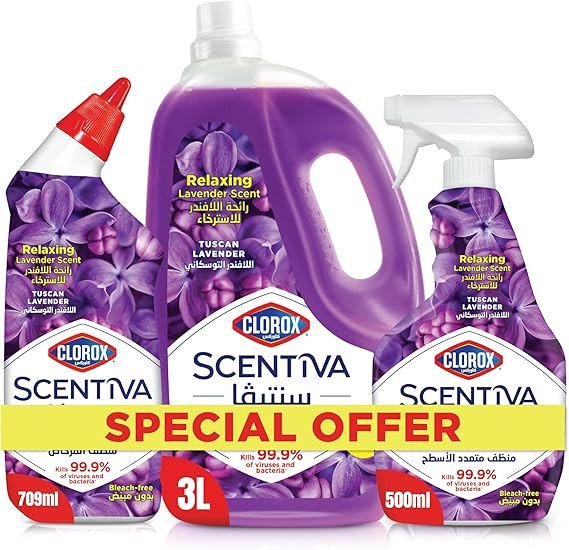 Clorox Scentiva Tuscan Lavender Bundle, Multipurpose Disinfectant Floor Cleaner 1.5L, Multi Surface Cleaner 500ml, Scentiva Toilet Cleaner 709 ml