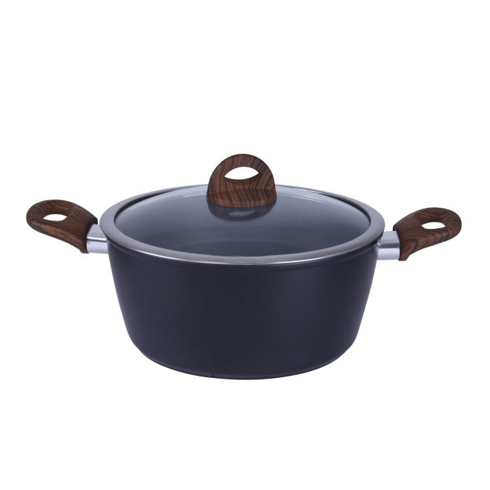 Royalford RF8904 9Pcs Aluminium Casserole Cookware Set With Glass Lids - Induction Safe Pots & Pans With Non-Stick Marble Coating - Stock Pots With Tempered Glass Lid & Strong Wooden Handles