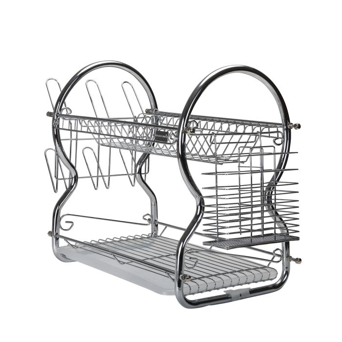 2 -Tier Stainless Steel Dish Drainer Rack - Utensil Holder, Drying Rack, With Plastic Trays & Organization Shelf - Compact, Durable & Easy To Assemble
