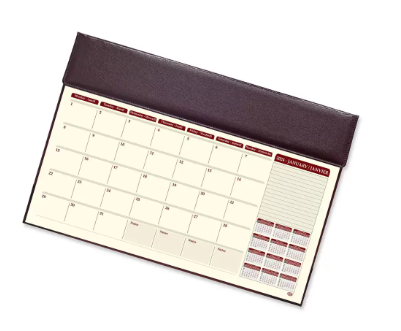 FIS Year Planner 2024 (English/French) with Vinyl Desk Blotter and Bonded Lether Flap, Burgundy - FSDKVIBLEF24BU