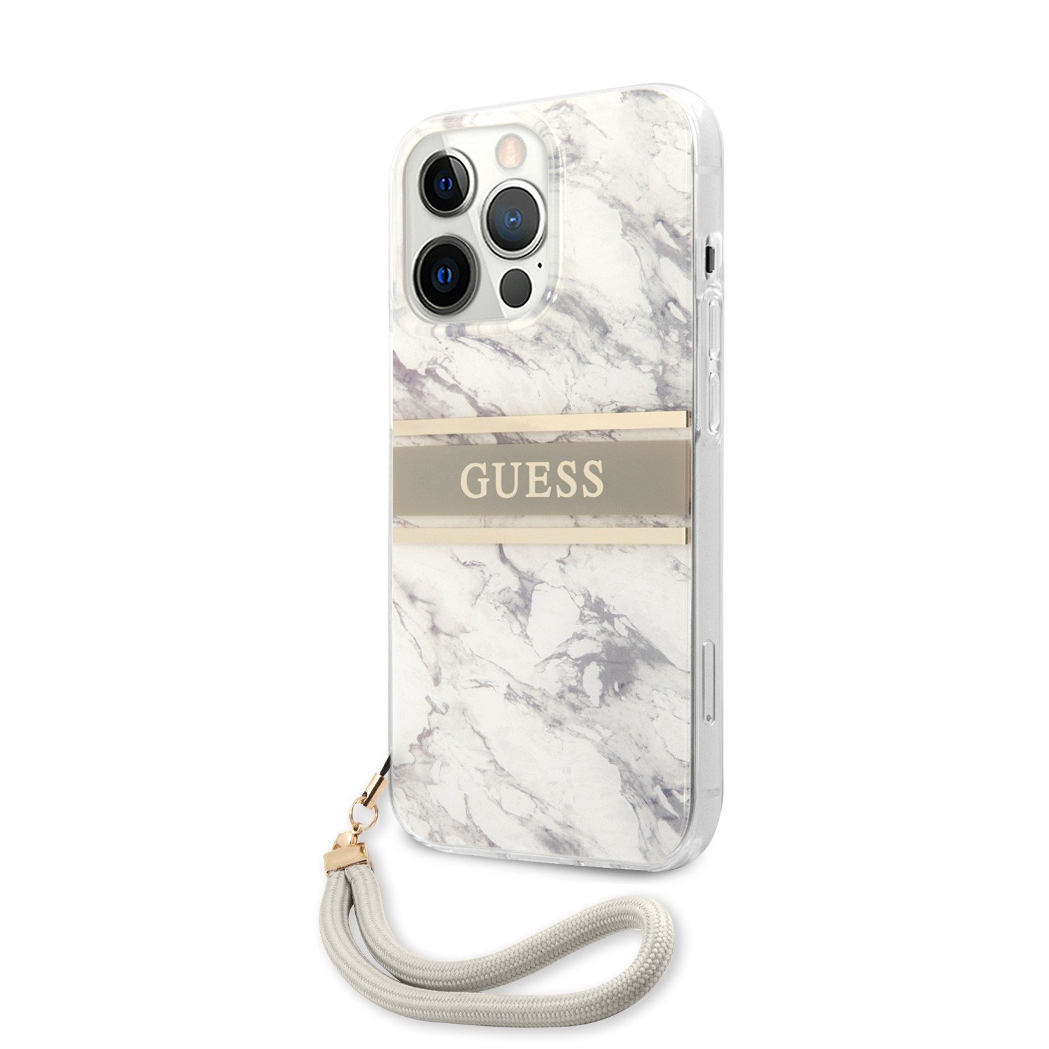 Guess PC/TPU Case Marble Design And Stripe With Nylon Strap For iPhone 13 Pro (6.1") - Gray