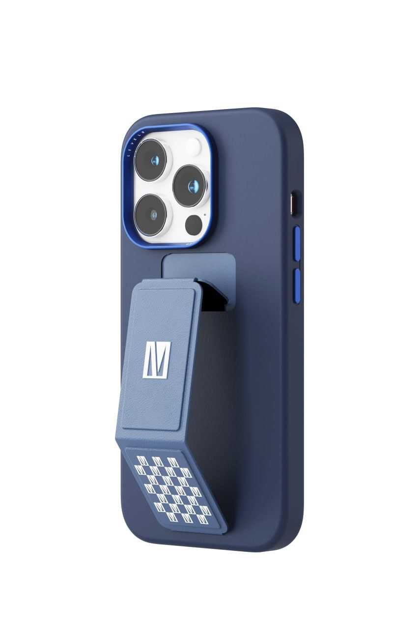 Levelo Morphix Silicone Case with Leather Grip Stand for iPhone 14 Pro Max-Navy Blue