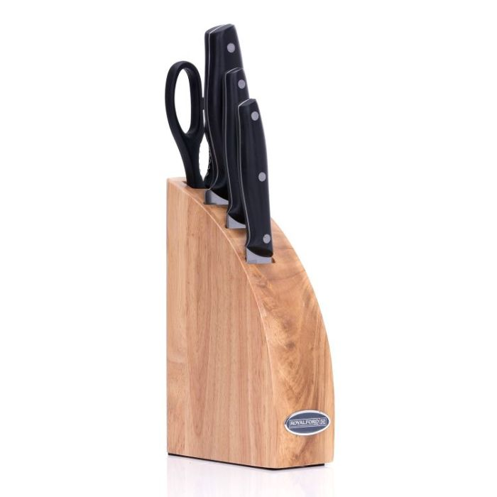 Royalford RF7011 5Pcs Kitchen Tool Set - Potable Block, Stainless Steel, Black, 3 Piece Knife, Kitchen Knife Utensil Set With Scissor And Knife Block