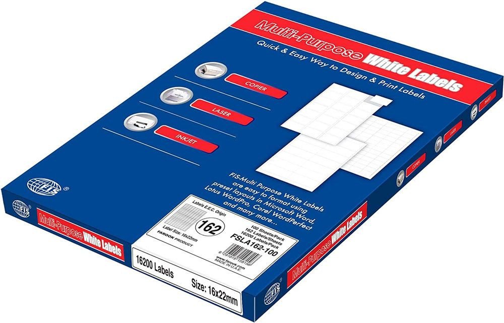 FIS Multipurpose Laser Labels, Colour White, Size 16X22MM , (162 Stickers x 100 Sheet) A4 Size, E.U. Origin Material - FSLA162-100