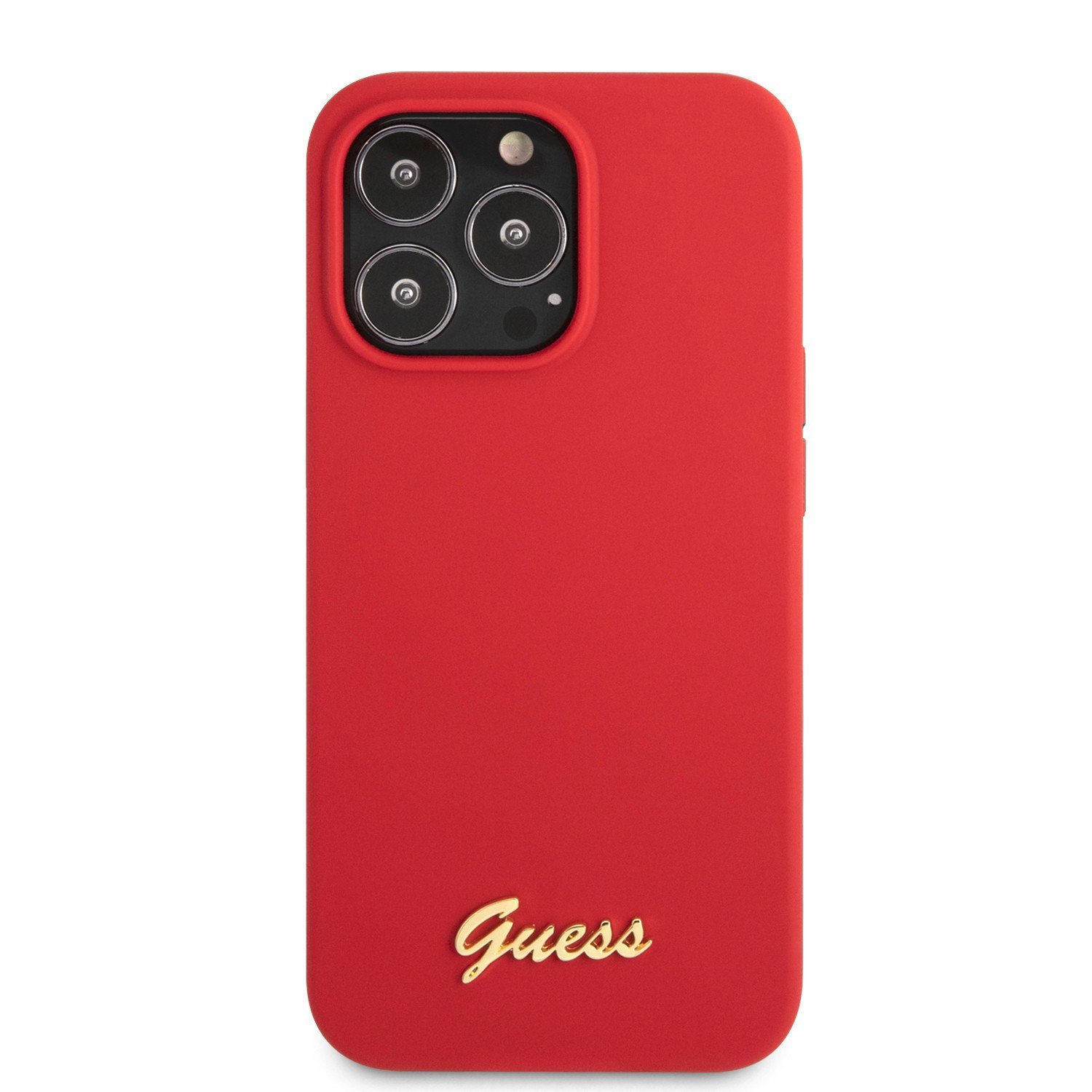 Guess Liquid Silicone Case With Gold Metal Logo Script For iPhone 13 Pro Max (6.7") - Red