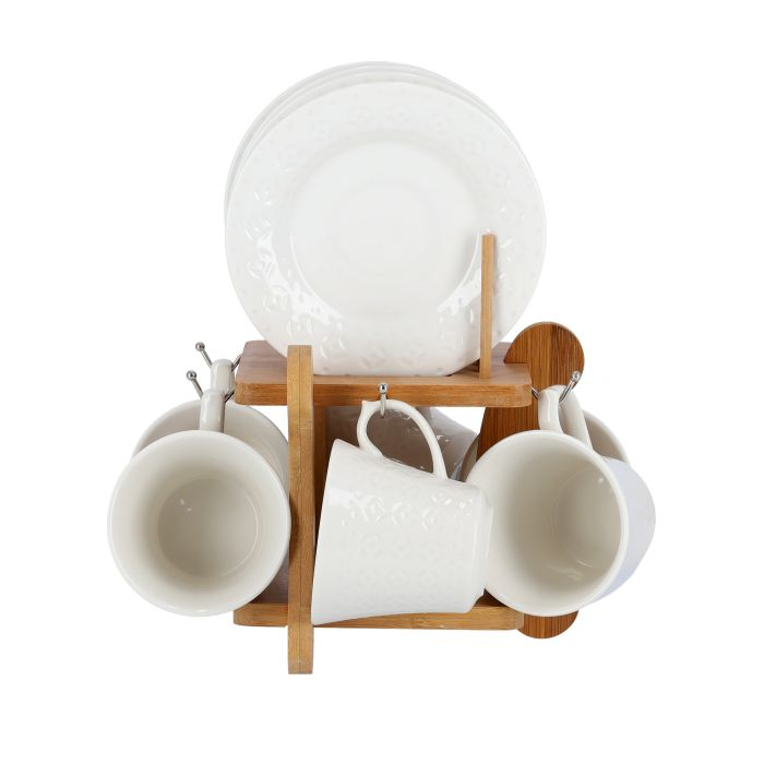 Royalford RF9242 12PCS Porcelain Cup & Saucer Set With Wooden Stand - Ideal For Daily Use - Non-Toxic, Ecologically Tasteless, Smooth Surface, Comfortable Grip And Lightweight