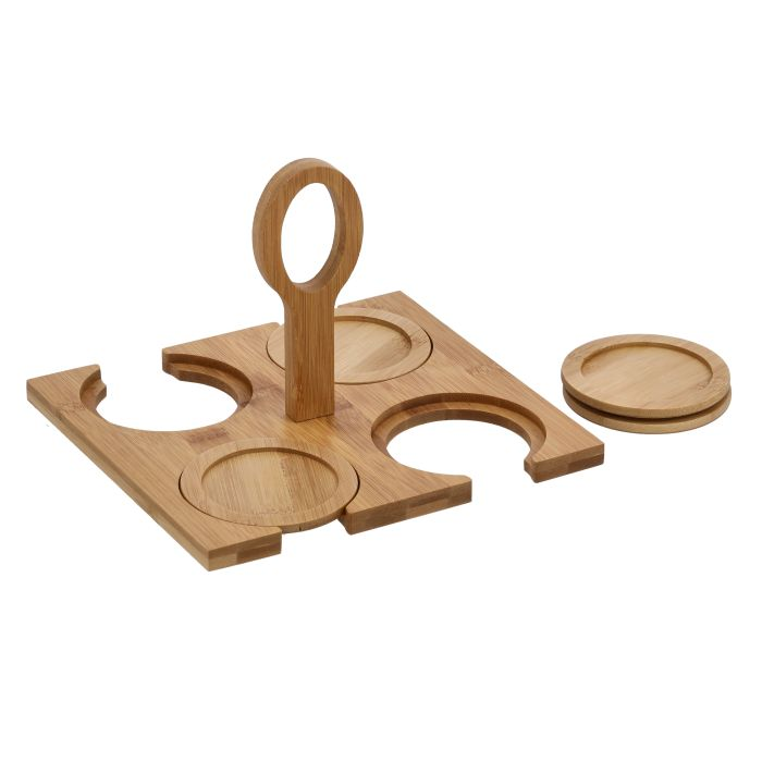 Royalford RF9636 Porcelain Tea Set With Bamboo Stand & Coaster - Bamboo Bottle Caddy With Opener & Sampler Boards, Drink Holder For Tea, Coffee, Perfect For Home, Restaurant, Brew Fest Party, And More