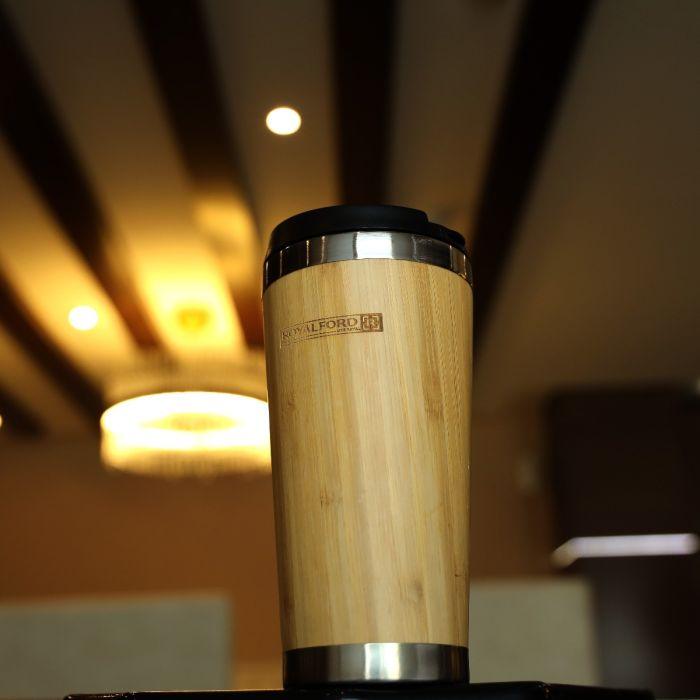 Royalford 400ML Coffee Mug- RF11139| Double Wall Stainless Steel Mug With Bamboo Wood Outer Body| Keeps Your Drinks Hot Or Cold For Long Hours| Leak-Proof And Portable Design| Suitable For Indoor And 
