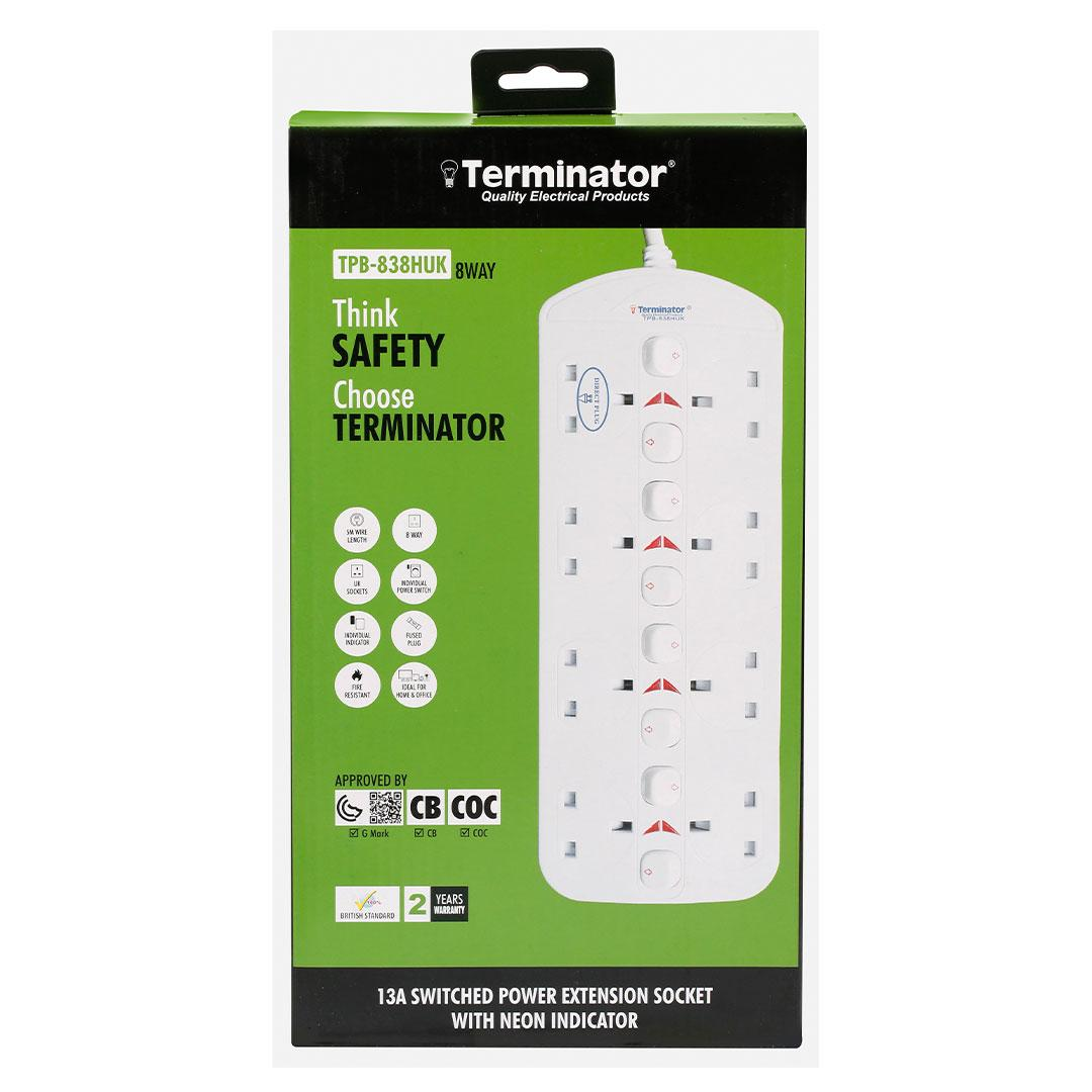 8 Way Double Side UK Power Extension Socket With Individual Switches 5M 1.25mm2 Cable 13A Plug