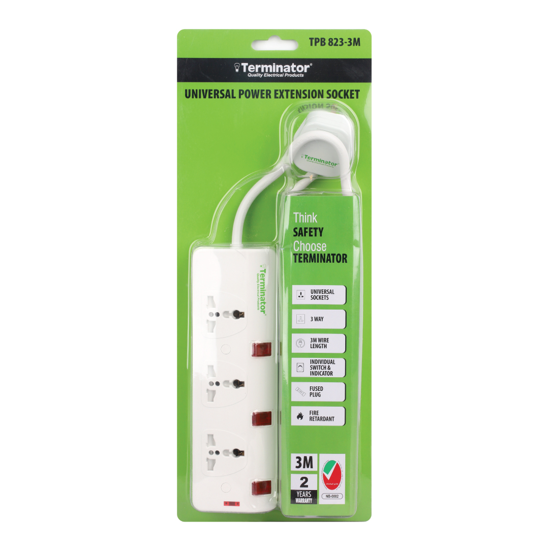 3-Way Universal Power Extension Socket With Individual Switch + Indicator