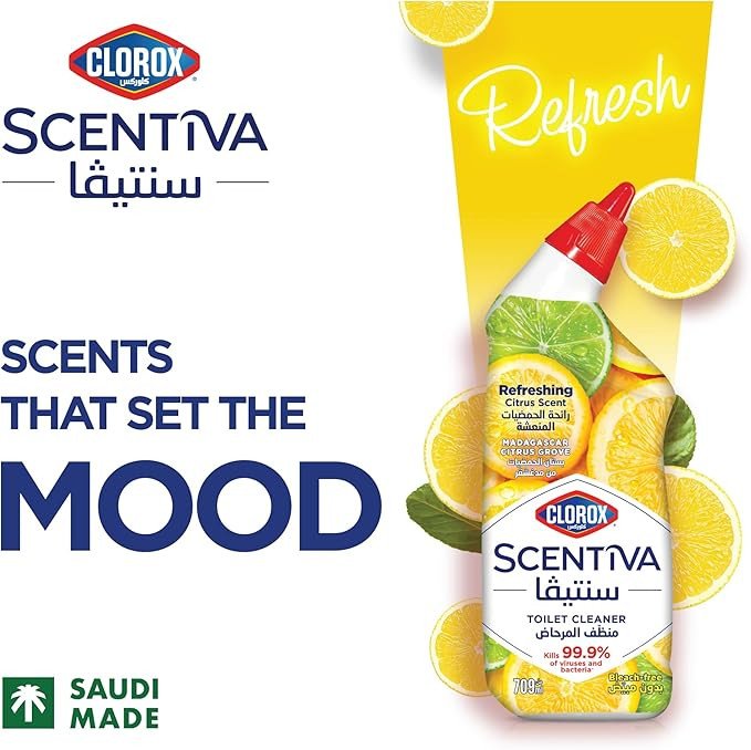 Clorox Scentiva Toilet Cleaner Triple Pack 709 ml, Madagascar Citrus Grove, Bleach Free, Kills 99.9% of Viruses and Bacteria