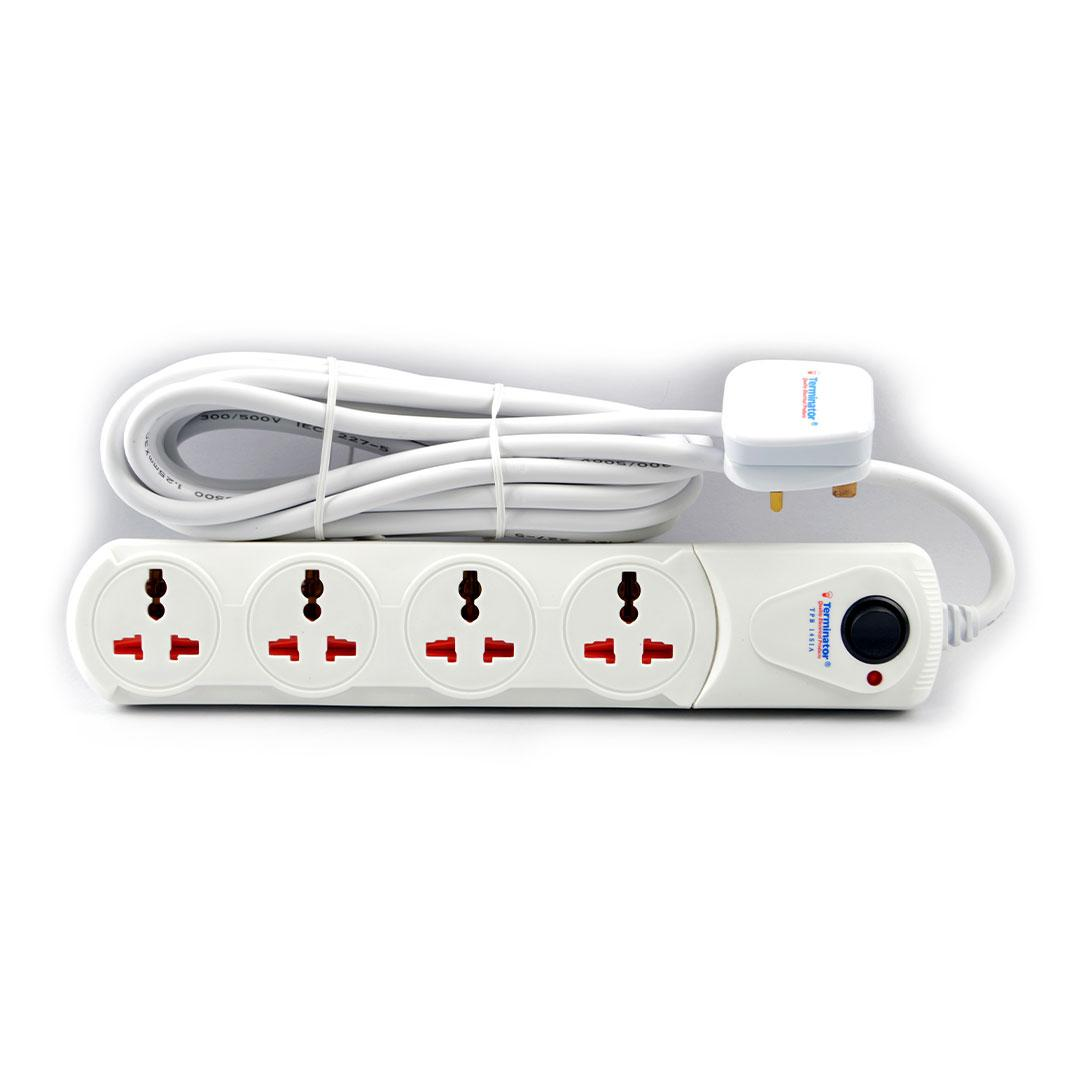 4 Way Universal Power Extension Socket 1.25mm2 Cable Single Switch On/Off Single LED 2M Cable 13A