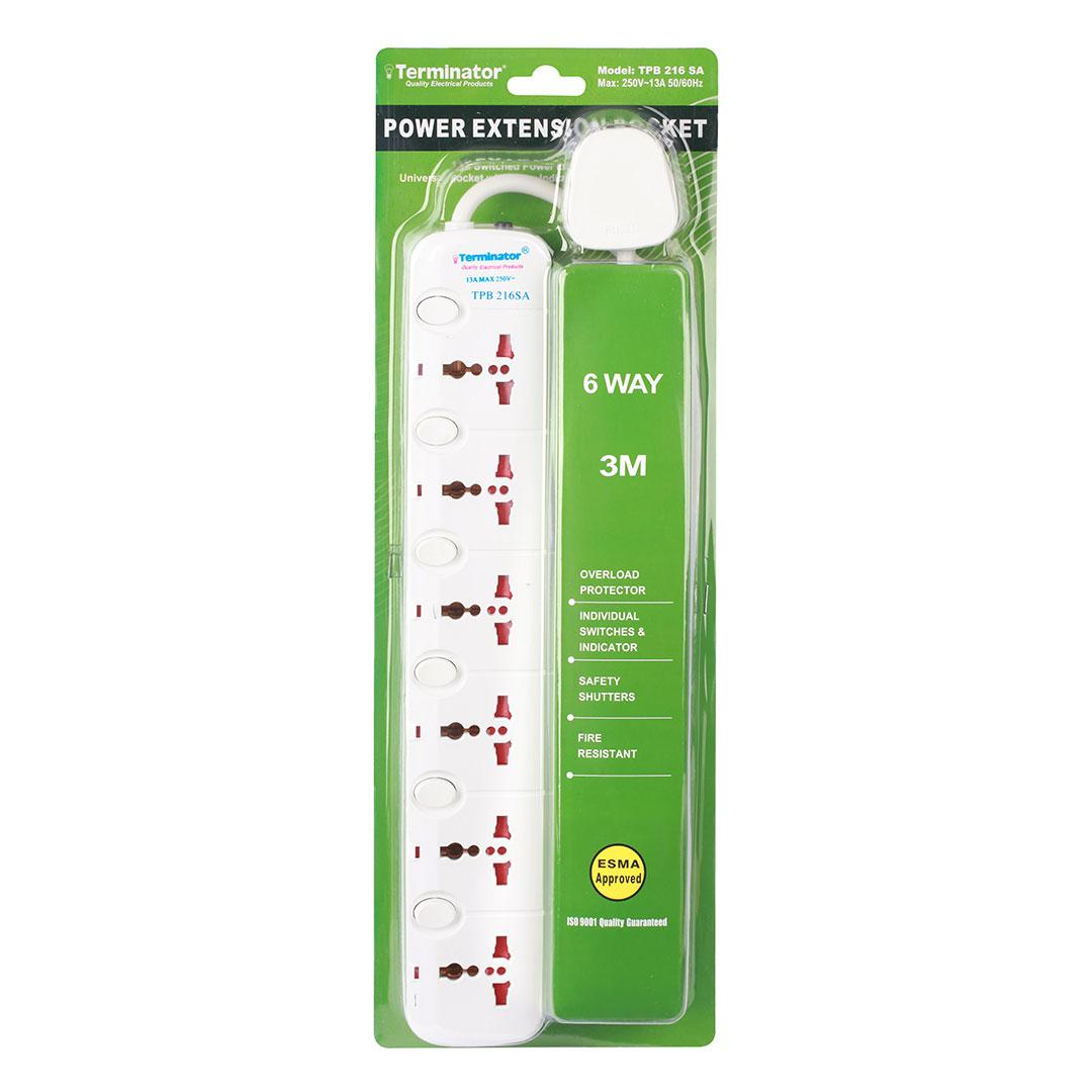 6 Way Universal Power Extension Socket 3M Cable