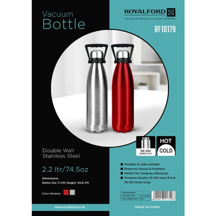 Vacuum Bottle, 2.2 Liter Stainless Steel Bottle, RF10179 | Double Wall Vacuum Flask Keep Drink Hot Or Cold For Hours | Portable & Leak Resistant Stainless Steel Thermos