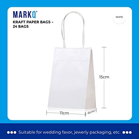 White Paper bags with handles Small Kraft Gift bags for Birthday Party Favors, Weddings, Merchandise, Goodies, Baby Shower (24 Bags)