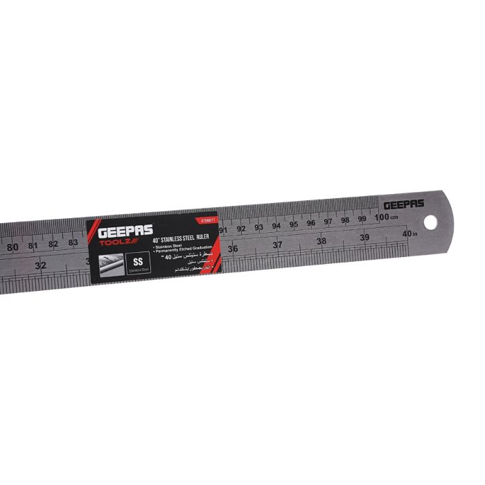 Geepas Stainless Steel Ruler - 100cm(40”) Precision Metal Ruler For Accurate Easy To Read Measurements For Office Engineering Drawings With Conversion Tables - Hanging Hole For Storage