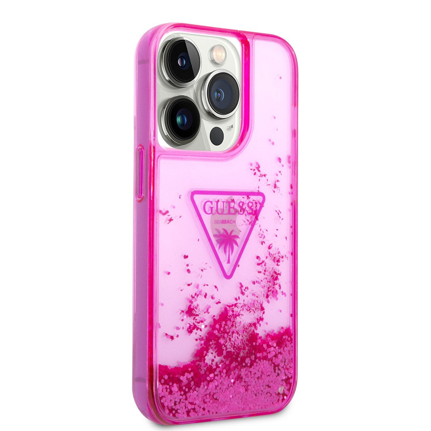 Guess Liquid Glitter Triangle Hard Case for iPhone 14 Pro Max (6.7") - Translucent Fuschia