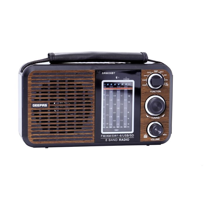 Geepas Rechargeable Radio - BT/USB/SD /MP3 Music Player | Bluetooth Speaker | Lightweight FM Radio, 8 Band Radio | Stylish Retro Design | 2 Year Warranty