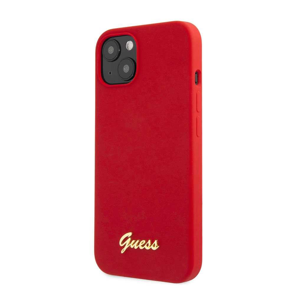Guess Liquid Silicone Case With Gold Metal Logo Script For iPhone 13 (6.1") - Red